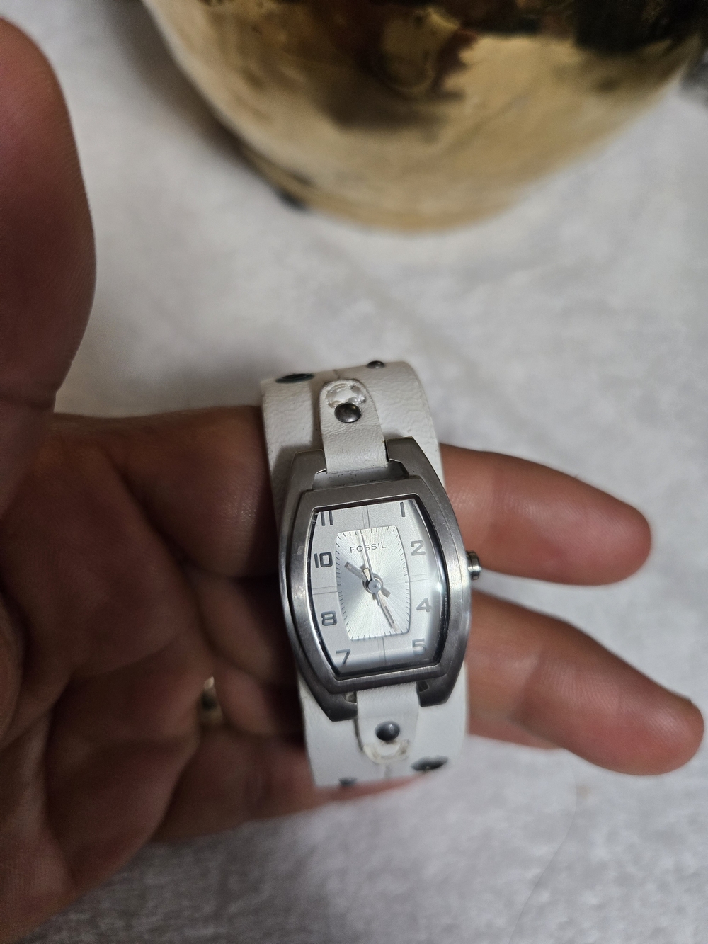 Fossil Silver-Tone Case Watch with White Leather Strap